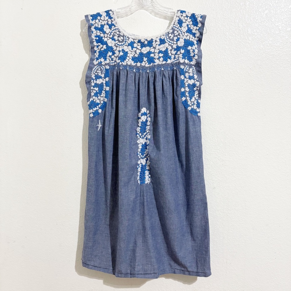 Mi Golondrina‎ Flores Floral Embroidered Short Dress in Blue & White